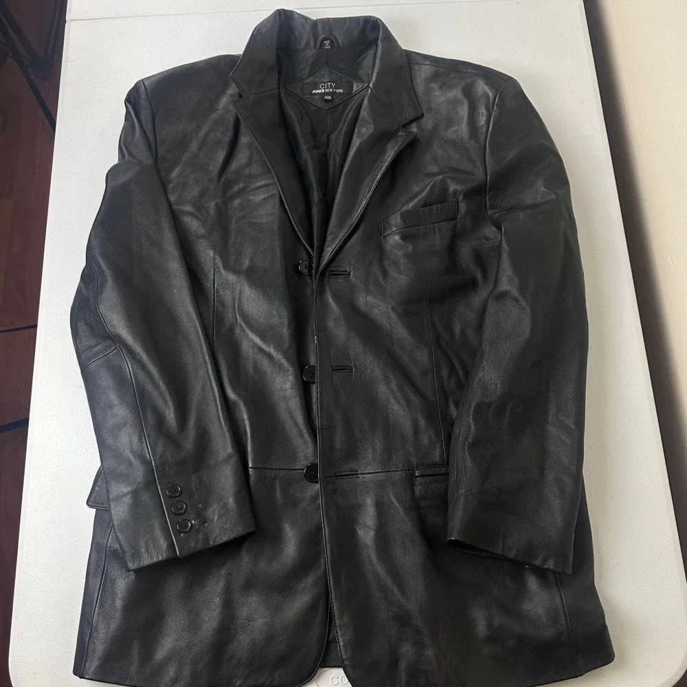 Jones New York Jacket Mens 40R Black Leather Blazer Sport Coat Button Outdoor